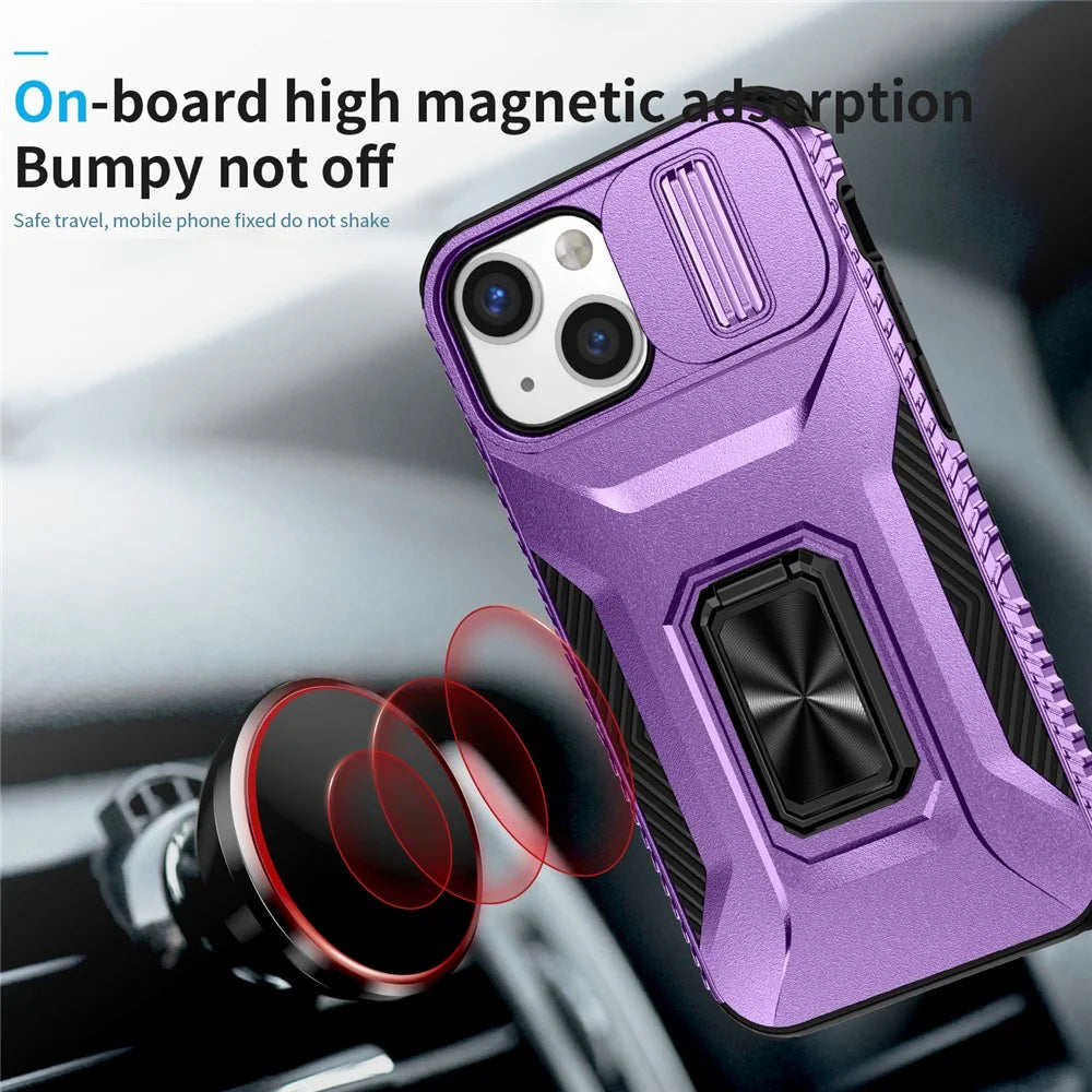 For iPhone 12 mini / 13 mini Phone Case Rotate Ring Kickstand Cover Slide Lens Protection - Purple - 6