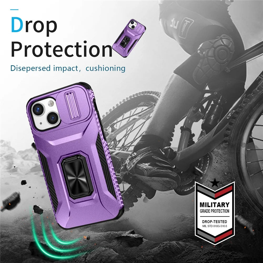 For iPhone 12 mini / 13 mini Phone Case Rotate Ring Kickstand Cover Slide Lens Protection - Purple - 7