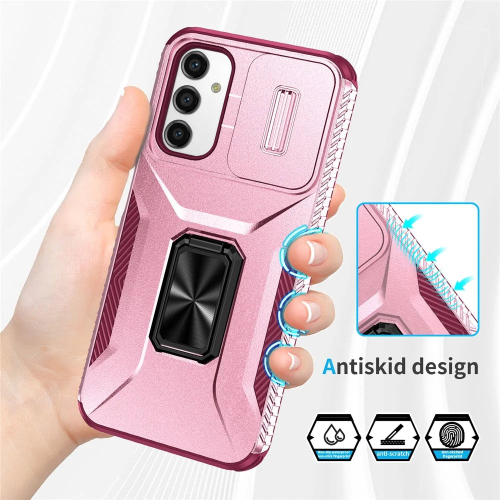 For Samsung Galaxy A34 5G Case Scratch-proof TPU+PC Slide Lens Protection Phone Shell - Pink+Rose - 5