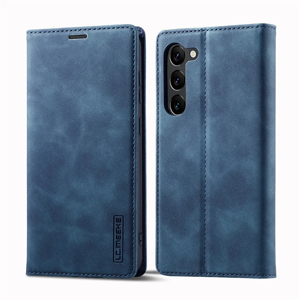 LC.IMEEKE For Samsung Galaxy S24 Case Microfiber Leather Folio Stand View Phone Cover - Blue - 1