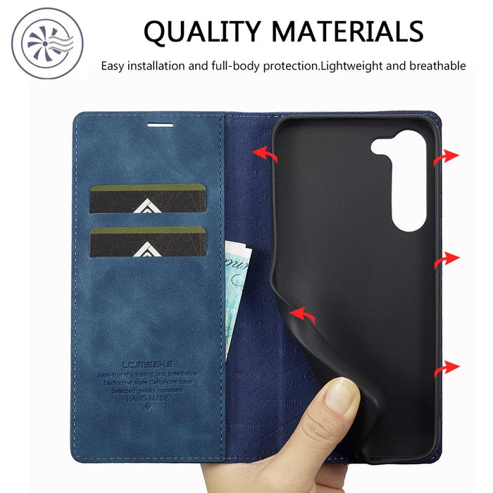LC.IMEEKE For Samsung Galaxy S24 Case Microfiber Leather Folio Stand View Phone Cover - Blue - 5