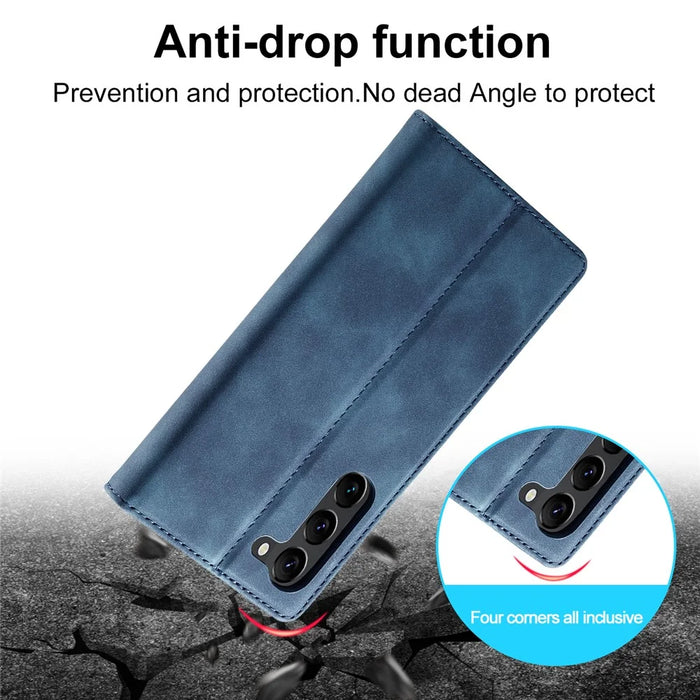 LC.IMEEKE For Samsung Galaxy S24 Case Microfiber Leather Folio Stand View Phone Cover - Blue - 7