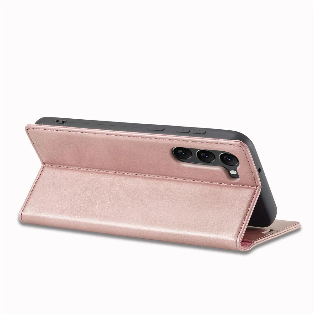 LC.IMEEKE For Samsung Galaxy S24+ Microfiber Leather Case Wallet Phone Cover Viewing Stand - Rose Gold - 3