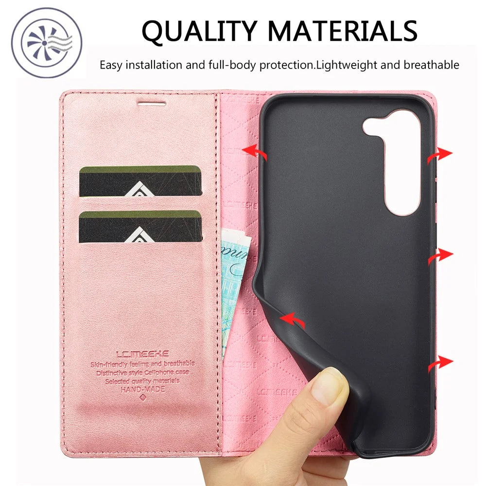 LC.IMEEKE For Samsung Galaxy S24+ Microfiber Leather Case Wallet Phone Cover Viewing Stand - Rose Gold - 5