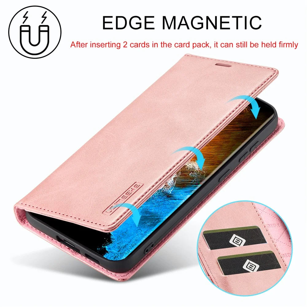 LC.IMEEKE For Samsung Galaxy S24+ Microfiber Leather Case Wallet Phone Cover Viewing Stand - Rose Gold - 6
