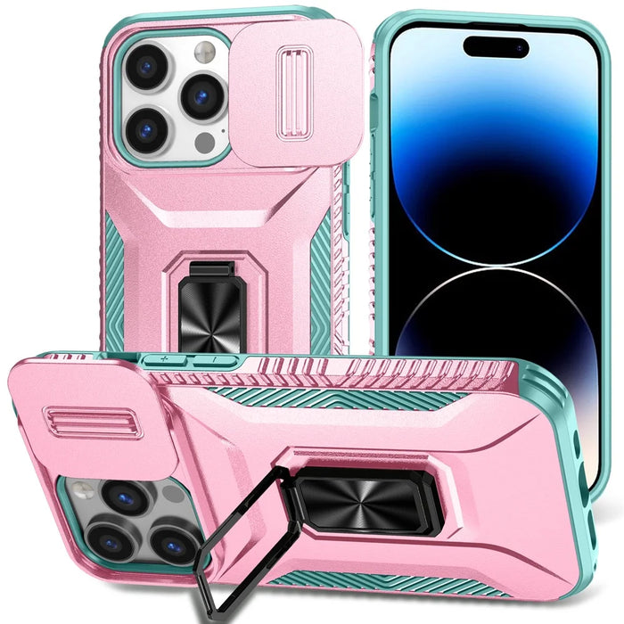 For iPhone 13 Pro Phone Case Impact-Resistant Armor Cover with Slide Camera Lid - Pink+Cyan - 1
