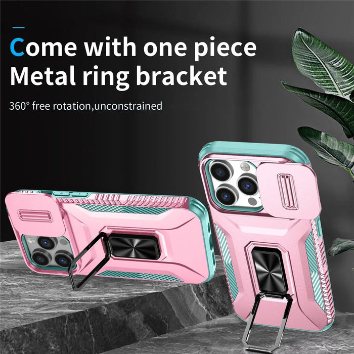 For iPhone 13 Pro Phone Case Impact-Resistant Armor Cover with Slide Camera Lid - Pink+Cyan - 2