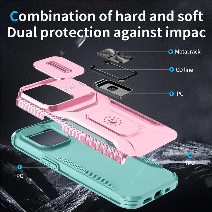 For iPhone 13 Pro Phone Case Impact-Resistant Armor Cover with Slide Camera Lid - Pink+Cyan - 3