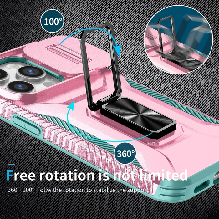 For iPhone 13 Pro Phone Case Impact-Resistant Armor Cover with Slide Camera Lid - Pink+Cyan - 4