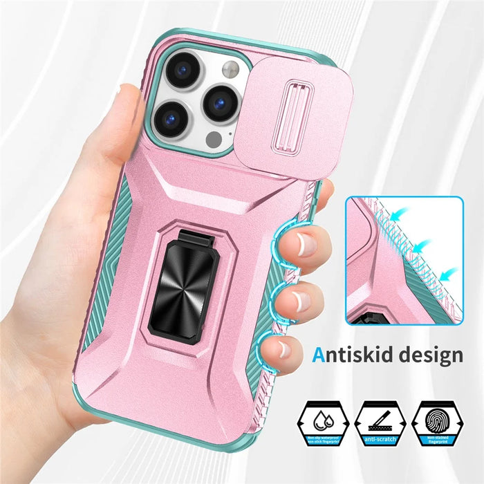 For iPhone 13 Pro Phone Case Impact-Resistant Armor Cover with Slide Camera Lid - Pink+Cyan - 5