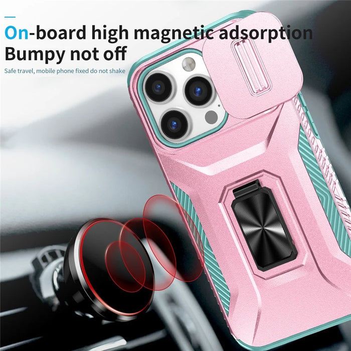 For iPhone 13 Pro Phone Case Impact-Resistant Armor Cover with Slide Camera Lid - Pink+Cyan - 6