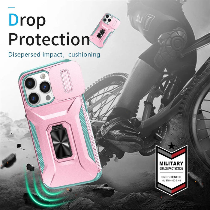 For iPhone 13 Pro Phone Case Impact-Resistant Armor Cover with Slide Camera Lid - Pink+Cyan - 7