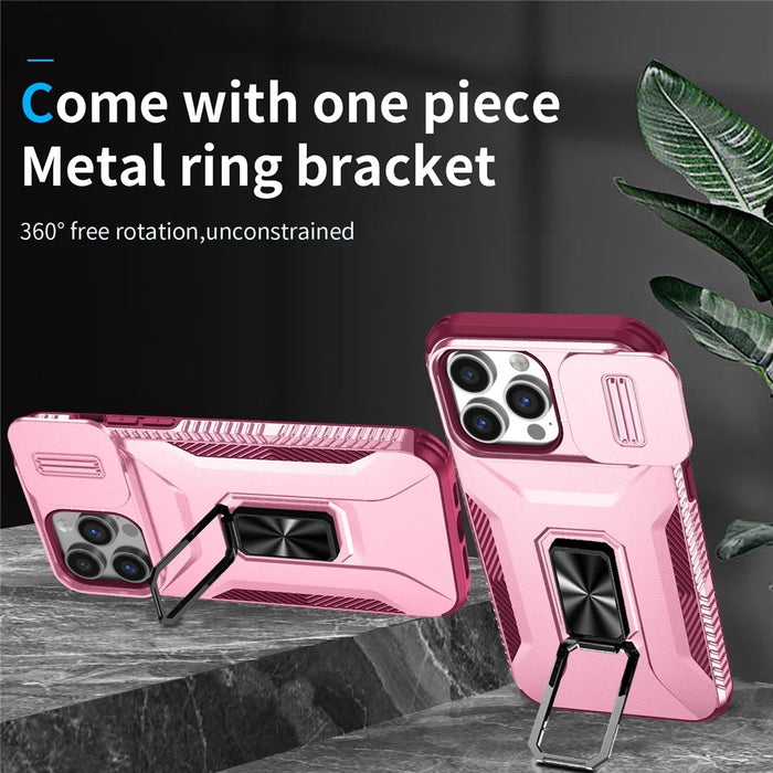 For iPhone 13 Pro Max Kicstand Phone Case with Camera Lens Cover Slider Dual Layer Protection - Pink+Rose - 2