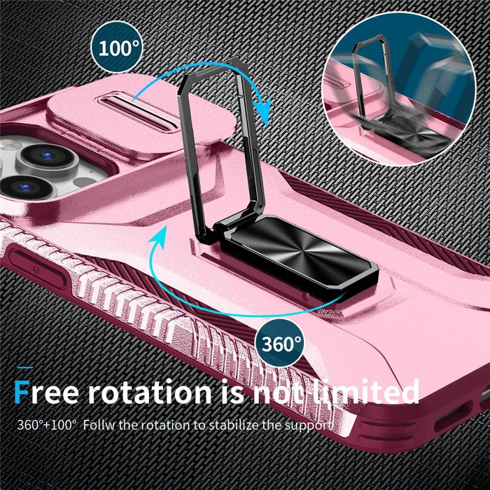 For iPhone 13 Pro Max Kicstand Phone Case with Camera Lens Cover Slider Dual Layer Protection - Pink+Rose - 4
