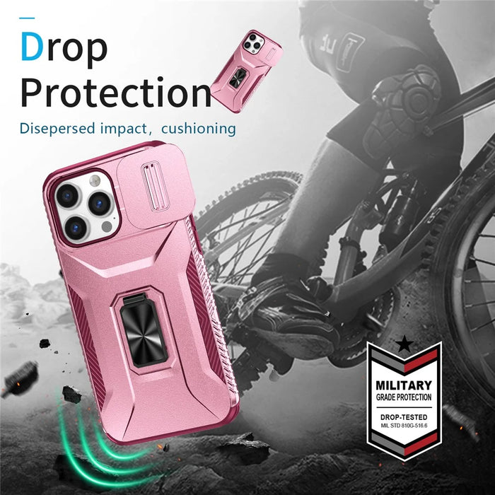 For iPhone 13 Pro Max Kicstand Phone Case with Camera Lens Cover Slider Dual Layer Protection - Pink+Rose - 7