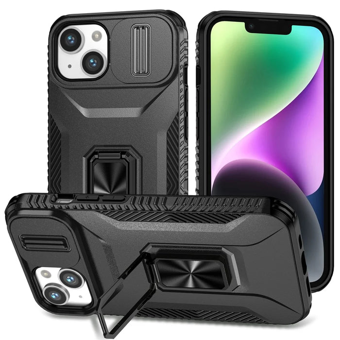 For iPhone 13 / 14 Case Slide Lens Protection Phone Cover Support Car Magnetic Mount - Black - 1