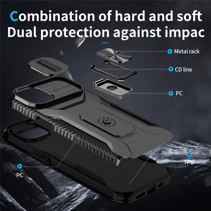 For iPhone 13 / 14 Case Slide Lens Protection Phone Cover Support Car Magnetic Mount - Black - 3