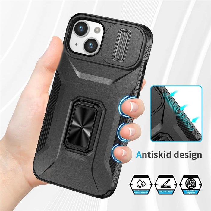 For iPhone 13 / 14 Case Slide Lens Protection Phone Cover Support Car Magnetic Mount - Black - 5