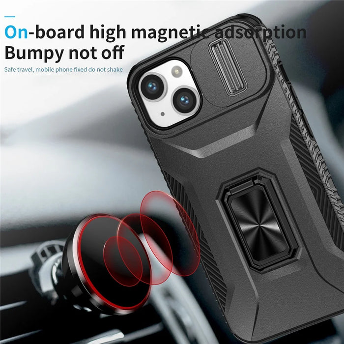 For iPhone 13 / 14 Case Slide Lens Protection Phone Cover Support Car Magnetic Mount - Black - 6