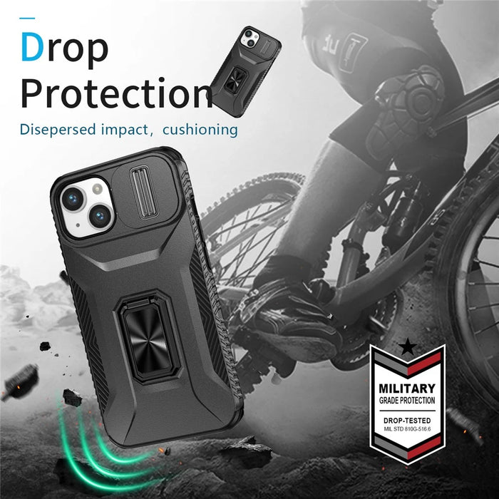 For iPhone 13 / 14 Case Slide Lens Protection Phone Cover Support Car Magnetic Mount - Black - 7