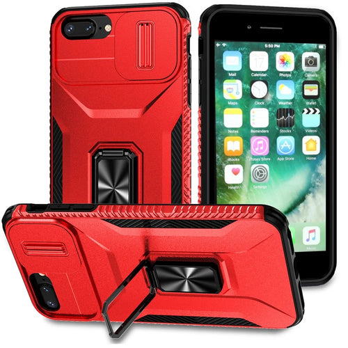 For iPhone 7 Plus / 8 Plus Case Hybrid TPU PC Phone Cover Rotating Kickstand Slide Camera Cover - Red - 1