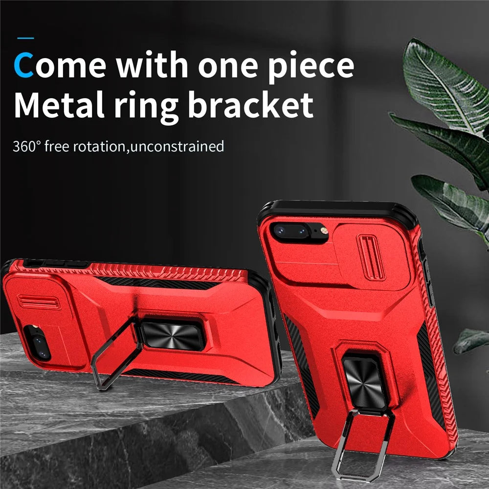 For iPhone 7 Plus / 8 Plus Case Hybrid TPU PC Phone Cover Rotating Kickstand Slide Camera Cover - Red - 2