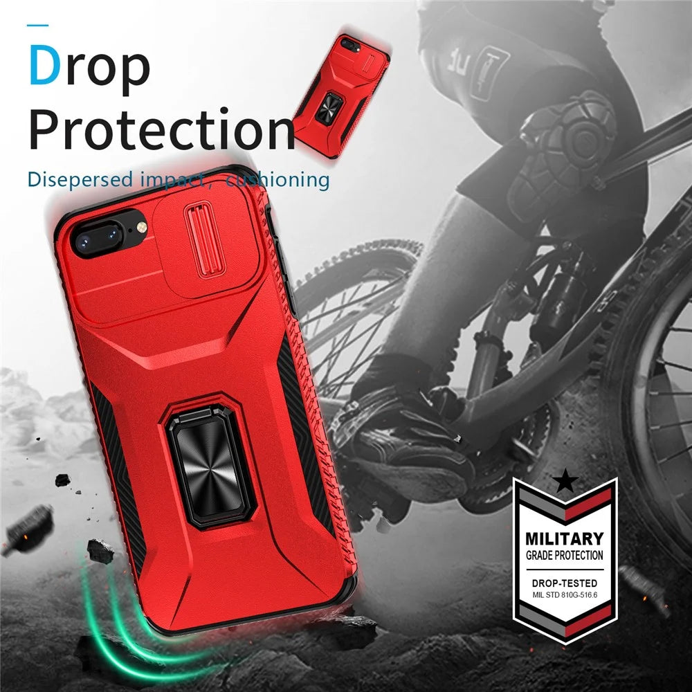 For iPhone 7 Plus / 8 Plus Case Hybrid TPU PC Phone Cover Rotating Kickstand Slide Camera Cover - Red - 3