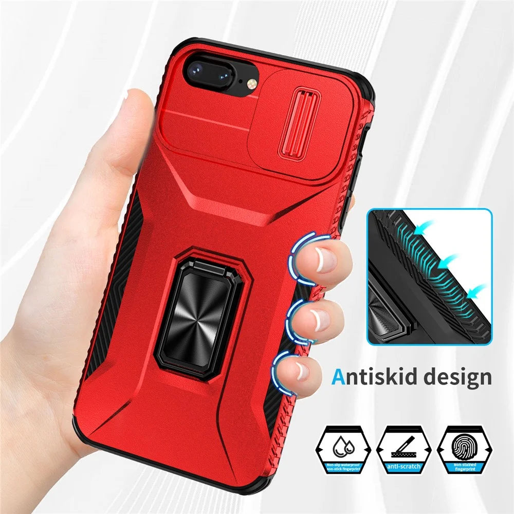 For iPhone 7 Plus / 8 Plus Case Hybrid TPU PC Phone Cover Rotating Kickstand Slide Camera Cover - Red - 5