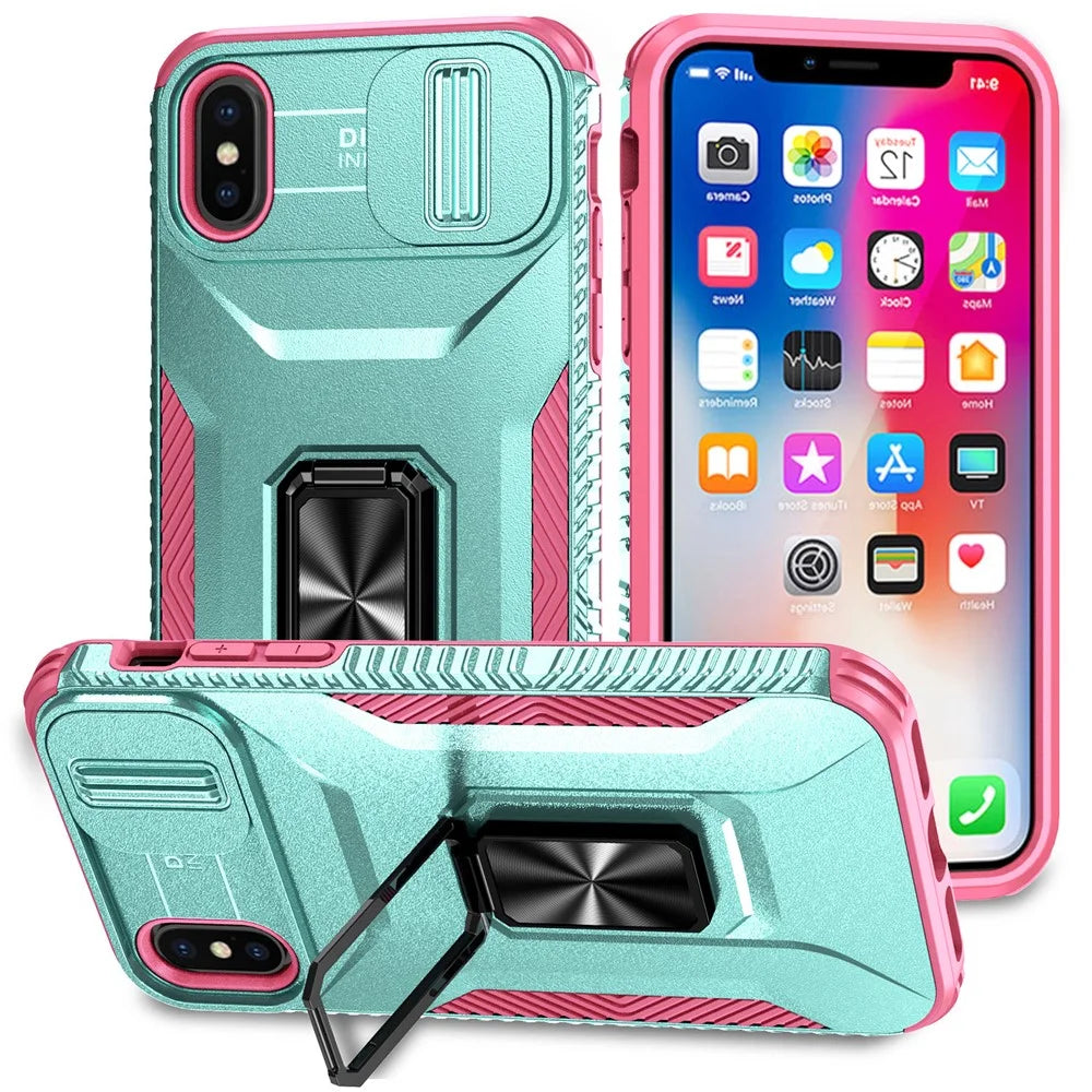 For iPhone X / XS Case with Camera Cover Slider, PC+TPU Armour Phone Shell - Cyan+Pink - 1