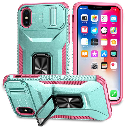 For iPhone X / XS Case with Camera Cover Slider, PC+TPU Armour Phone Shell - Cyan+Pink - 1