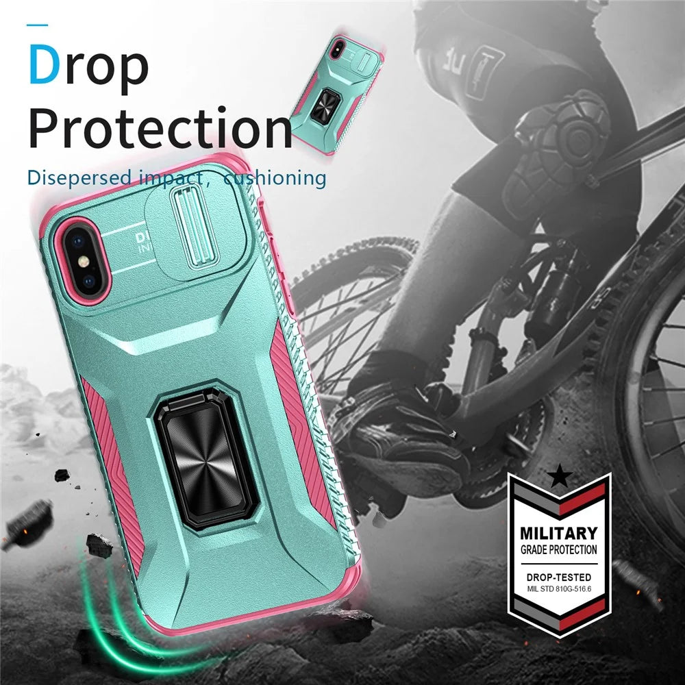 For iPhone X / XS Case with Camera Cover Slider, PC+TPU Armour Phone Shell - Cyan+Pink - 2