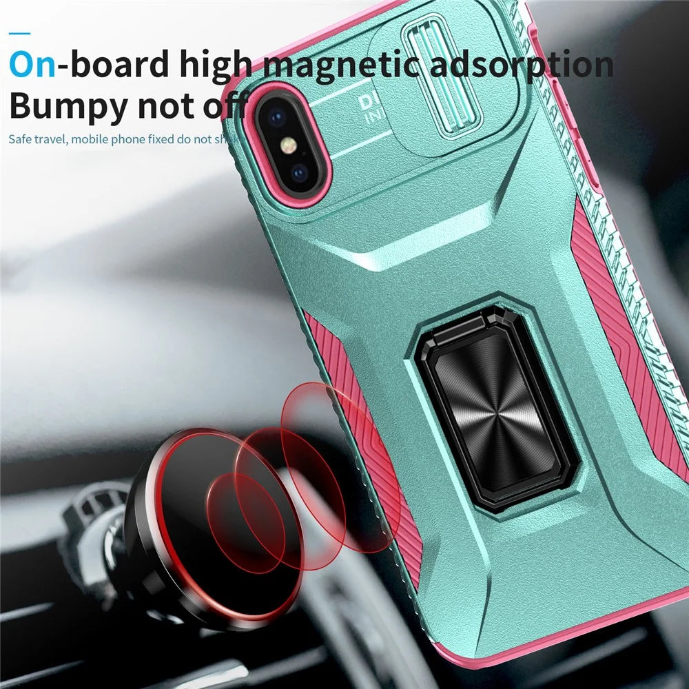 For iPhone X / XS Case with Camera Cover Slider, PC+TPU Armour Phone Shell - Cyan+Pink - 3