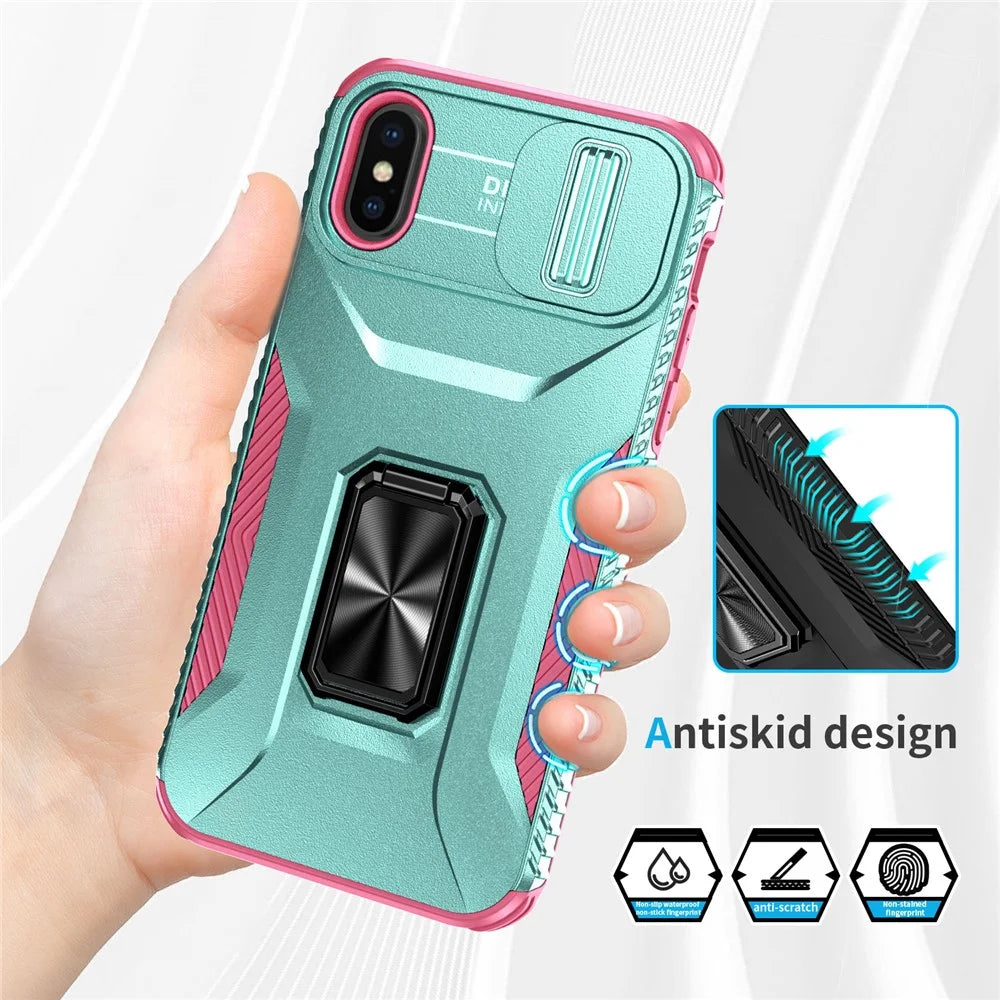 For iPhone X / XS Case with Camera Cover Slider, PC+TPU Armour Phone Shell - Cyan+Pink - 4
