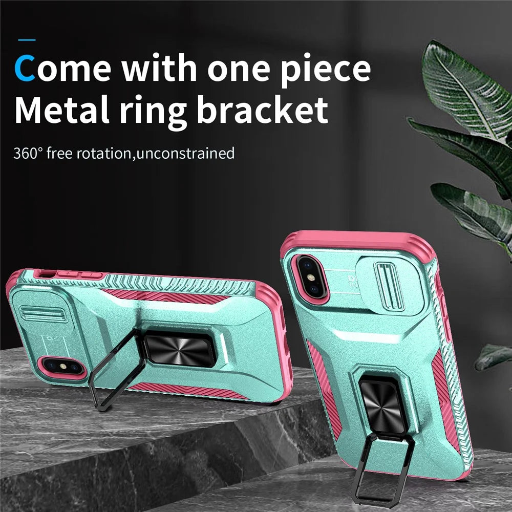 For iPhone X / XS Case with Camera Cover Slider, PC+TPU Armour Phone Shell - Cyan+Pink - 5