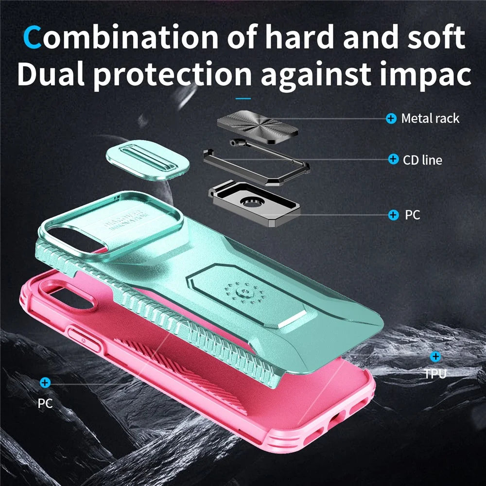 For iPhone X / XS Case with Camera Cover Slider, PC+TPU Armour Phone Shell - Cyan+Pink - 6