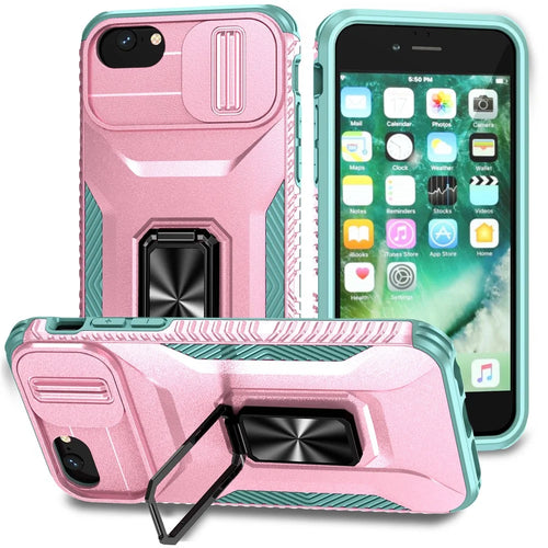 For iPhone 7 4.7 inch / 8 4.7 inch / SE (2020) / SE (2022) Case Anti-dust PC+TPU Cover with Slide Lens Lid - Pink+Cyan - 1