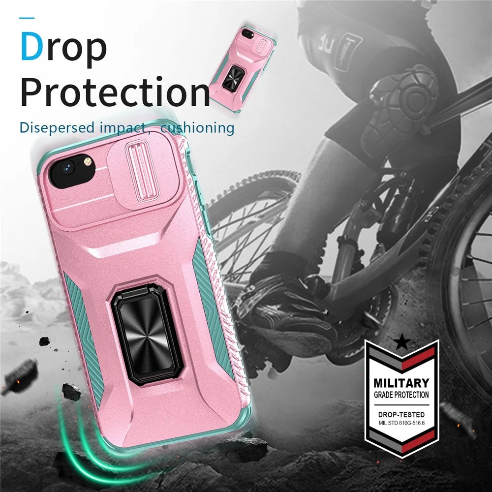 For iPhone 7 4.7 inch / 8 4.7 inch / SE (2020) / SE (2022) Case Anti-dust PC+TPU Cover with Slide Lens Lid - Pink+Cyan - 2