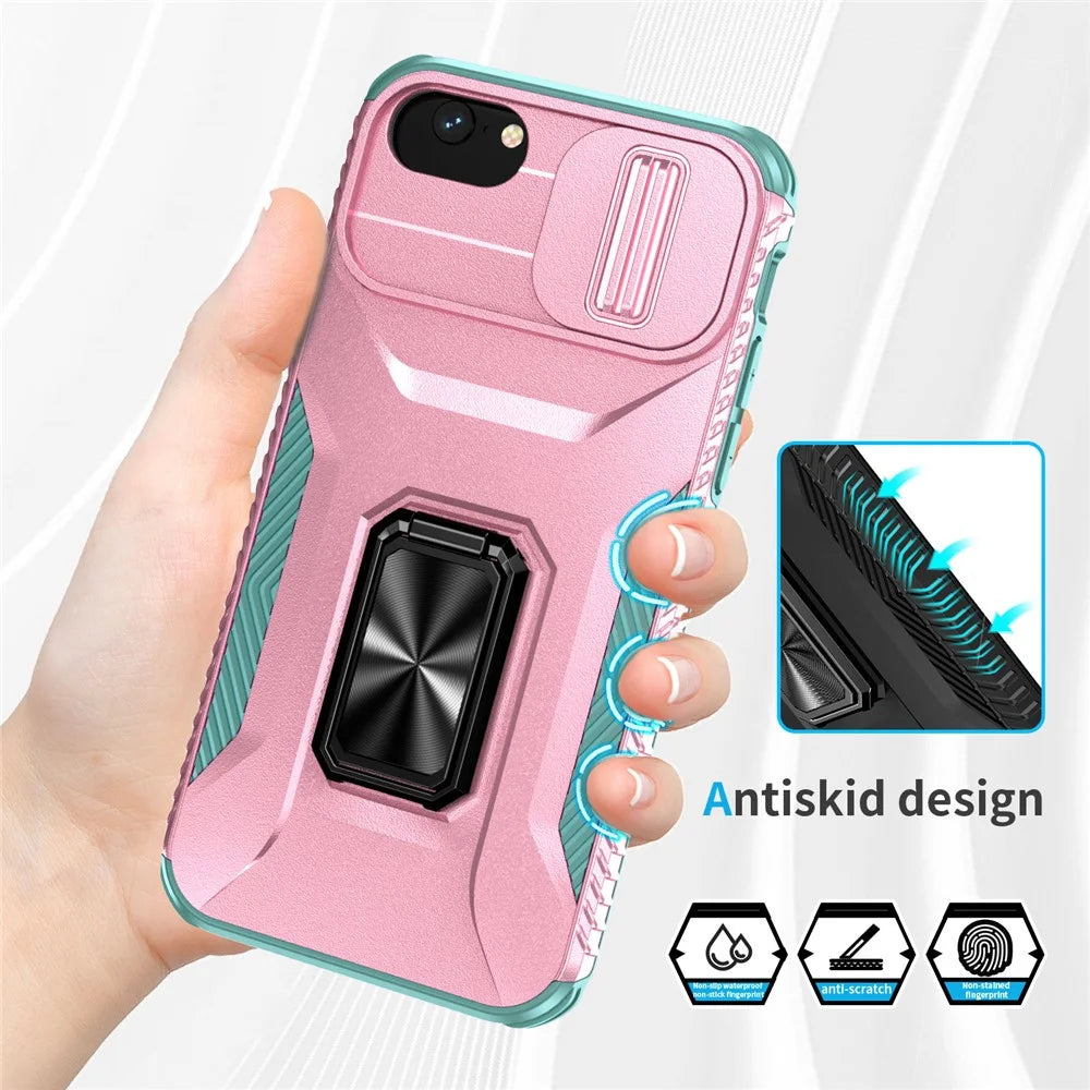 For iPhone 7 4.7 inch / 8 4.7 inch / SE (2020) / SE (2022) Case Anti-dust PC+TPU Cover with Slide Lens Lid - Pink+Cyan - 4