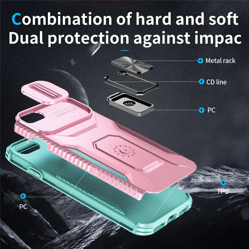 For iPhone 7 4.7 inch / 8 4.7 inch / SE (2020) / SE (2022) Case Anti-dust PC+TPU Cover with Slide Lens Lid - Pink+Cyan - 6