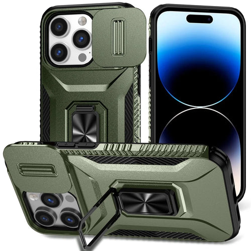 For iPhone 14 Pro Cell Phone Case Slide Lens Lid PC+TPU Ring Kickstand Protective Cover - Green - 1