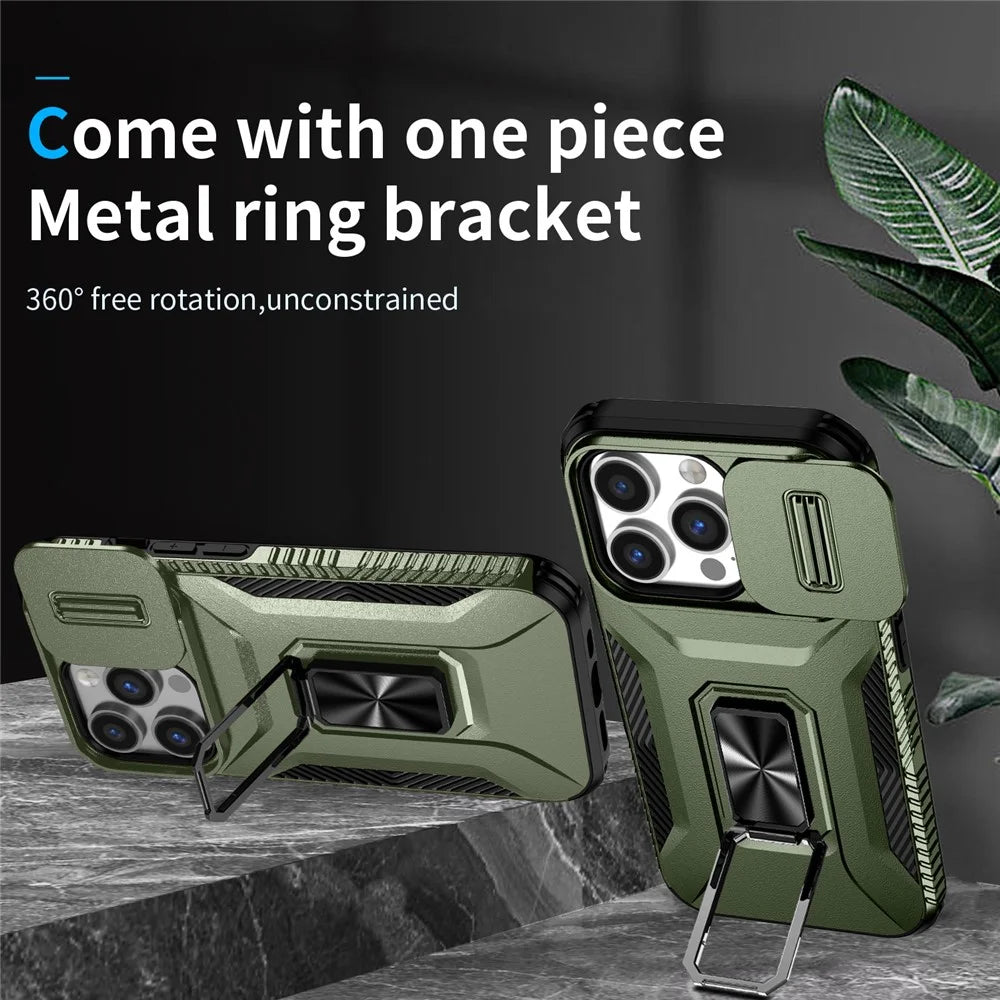 For iPhone 14 Pro Cell Phone Case Slide Lens Lid PC+TPU Ring Kickstand Protective Cover - Green - 2