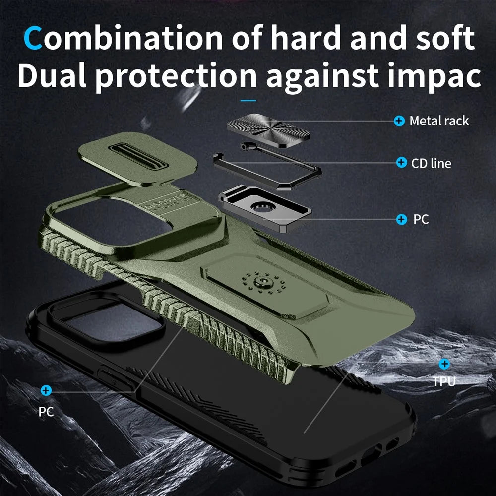 For iPhone 14 Pro Cell Phone Case Slide Lens Lid PC+TPU Ring Kickstand Protective Cover - Green - 3