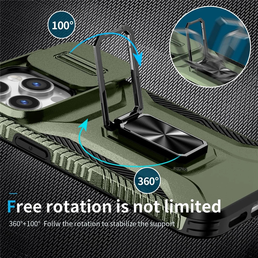 For iPhone 14 Pro Cell Phone Case Slide Lens Lid PC+TPU Ring Kickstand Protective Cover - Green - 4