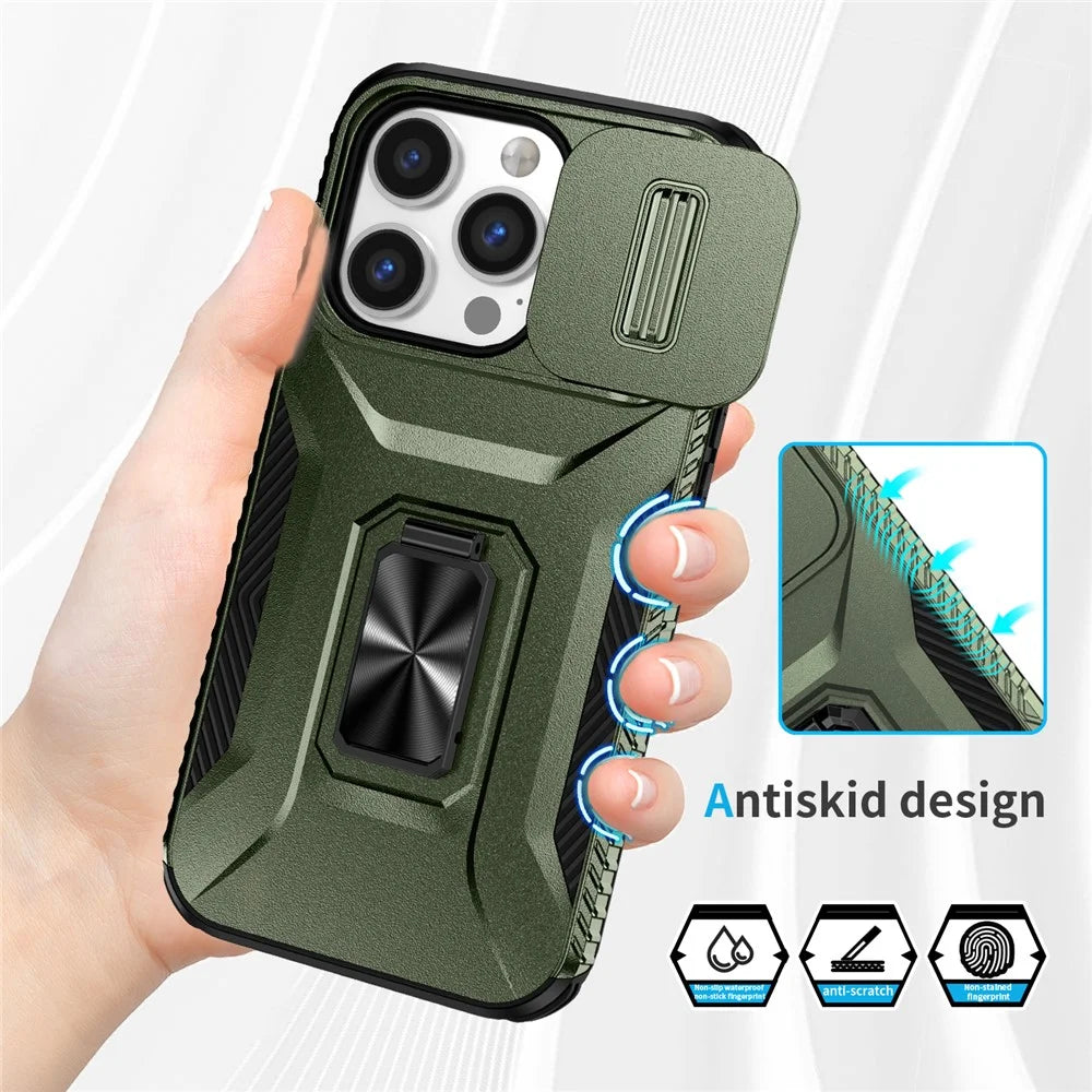 For iPhone 14 Pro Cell Phone Case Slide Lens Lid PC+TPU Ring Kickstand Protective Cover - Green - 5
