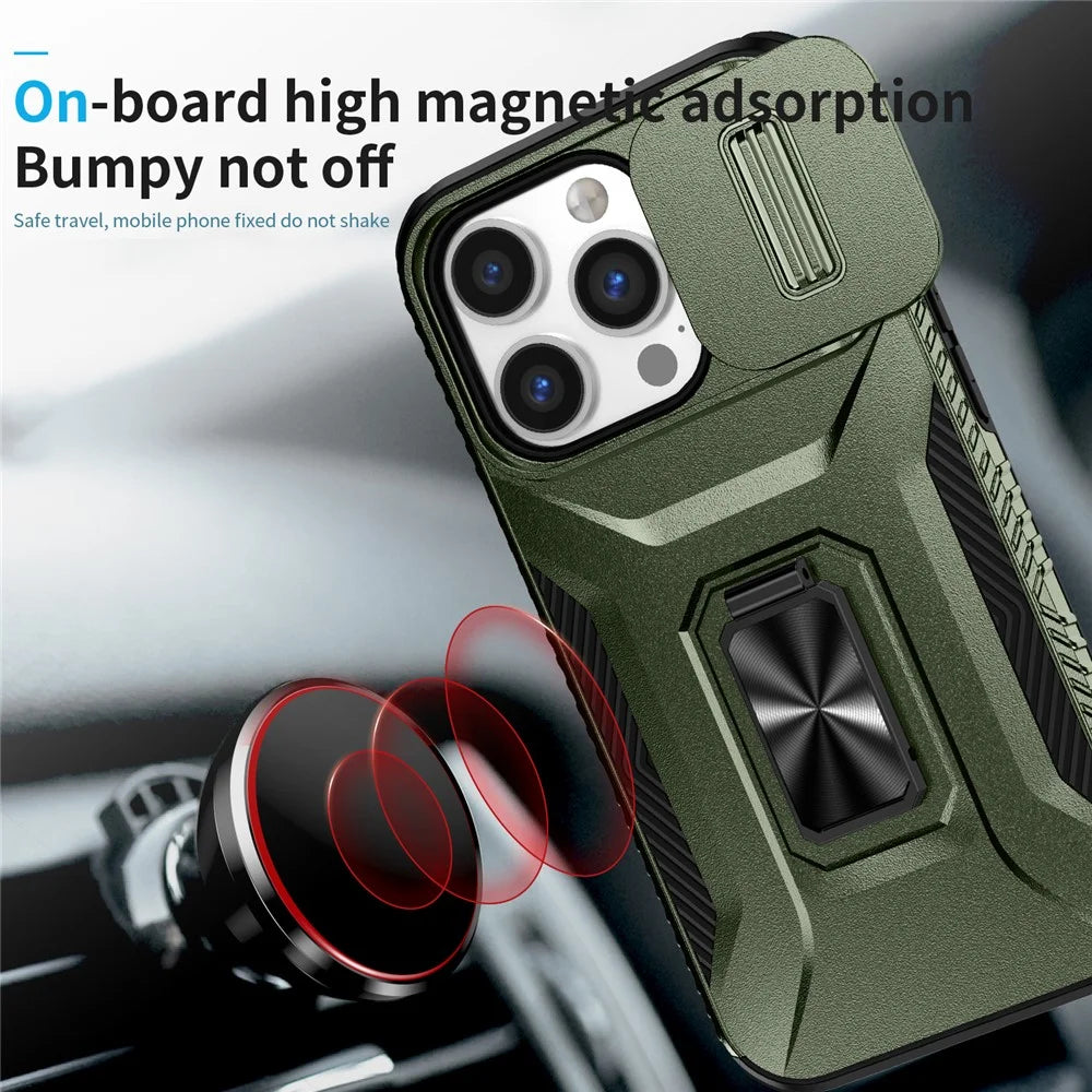 For iPhone 14 Pro Cell Phone Case Slide Lens Lid PC+TPU Ring Kickstand Protective Cover - Green - 6