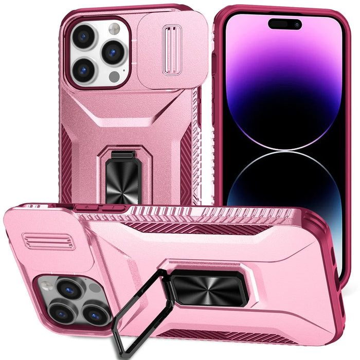 For iPhone 14 Pro Max Case Slide Lens Lid Slim-Fit PC+TPU Smart Phone Kickstand Cover - Pink+Rose - 1