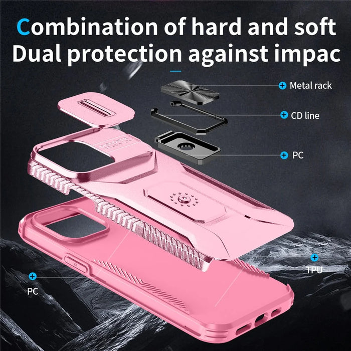 For iPhone 14 Pro Max Case Slide Lens Lid Slim-Fit PC+TPU Smart Phone Kickstand Cover - Pink+Rose - 3