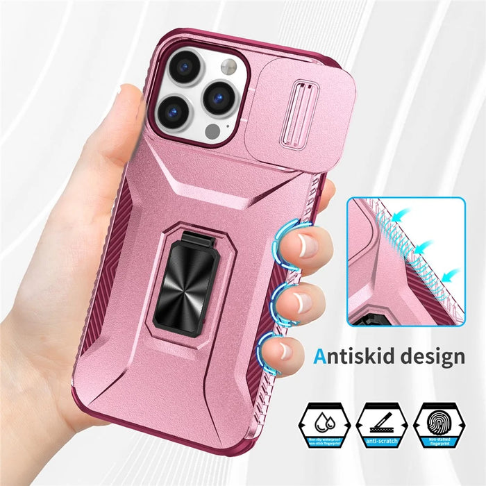 For iPhone 14 Pro Max Case Slide Lens Lid Slim-Fit PC+TPU Smart Phone Kickstand Cover - Pink+Rose - 5
