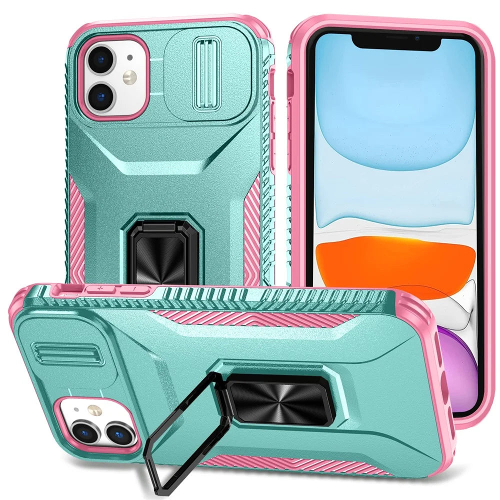For iPhone 11 Case Scratch-resistant PC+TPU Slide Lens Lid Kickstand Phone Cover - Cyan+Pink - 1