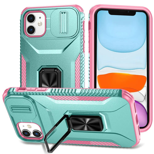 For iPhone 11 Case Scratch-resistant PC+TPU Slide Lens Lid Kickstand Phone Cover - Cyan+Pink - 1